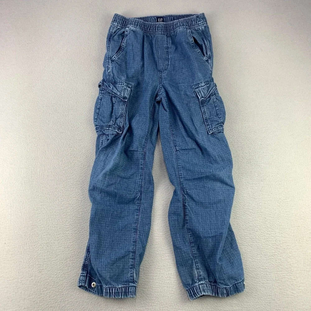 GAP Parachute Pant Cargo Pants Kids L Blue Denim Elastic Waist Snap Hem Utility